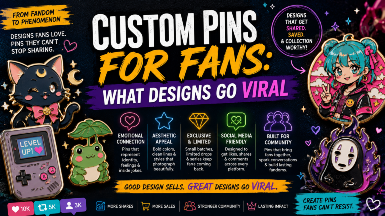 Custom fan enamel pins displayed alongside viral social media content — gaming, anime, music, and fandom collectible pins