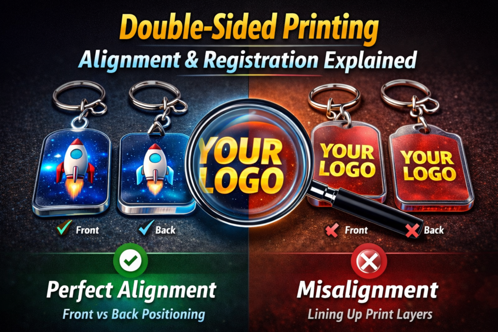 Double-sided printing alignment and registration explained with front and back keychain design comparison showing precise positioning and print accuracy