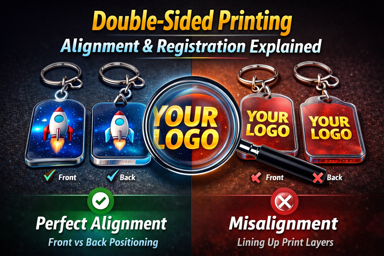 Double-sided printing keychains: alignment and registration explained with front and back keychain design comparison showing precise positioning and print accuracy