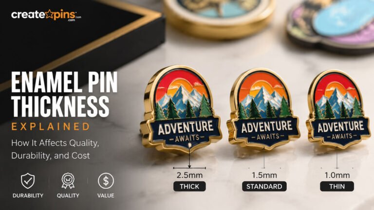 Enamel pin thickness comparison showing thick, standard, and thin pin profiles and how thickness affects quality, durability, and cost