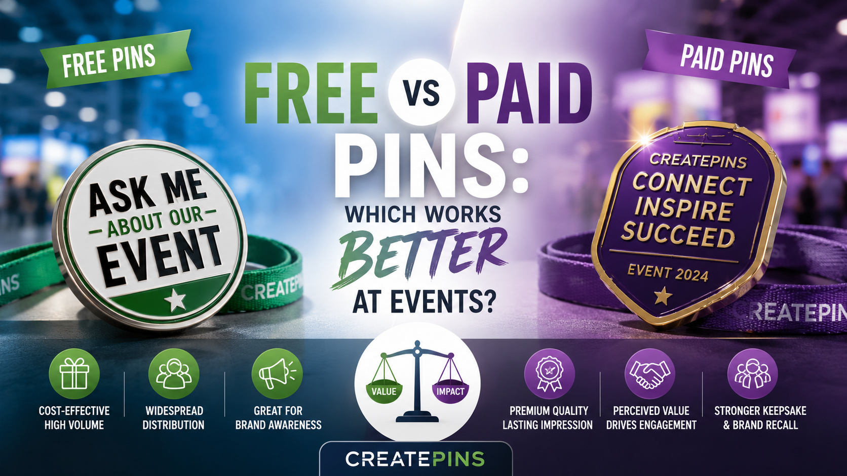 Custom enamel pins displayed at an event booth comparing free vs paid pins