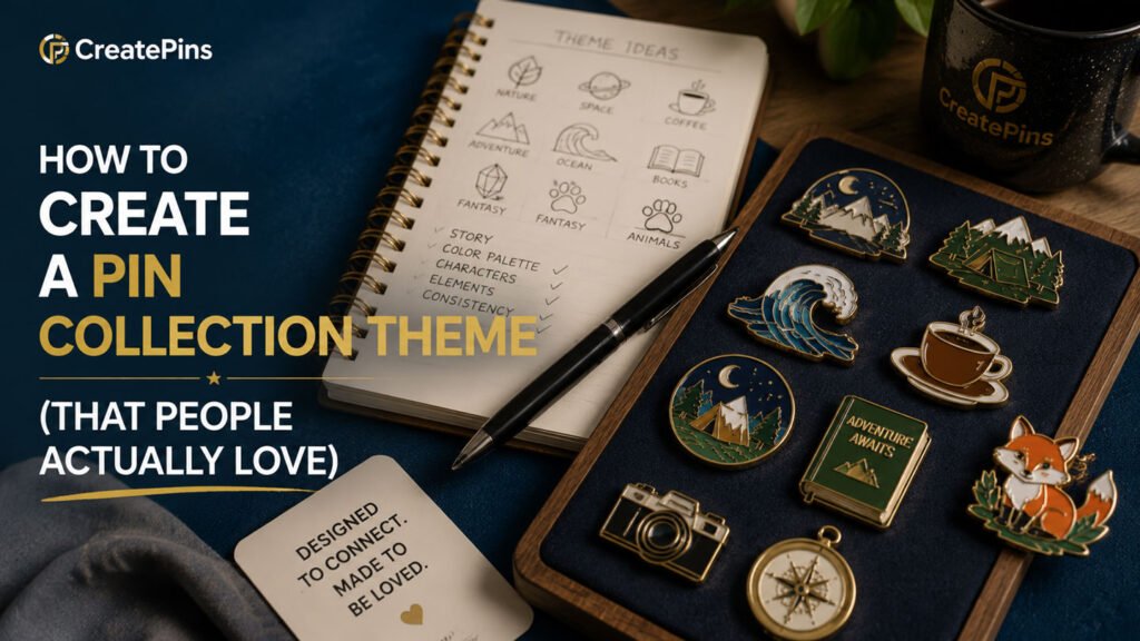 How to create a pin collection theme with custom enamel pins, featuring themed pin designs, creative sketches, and a collector display board