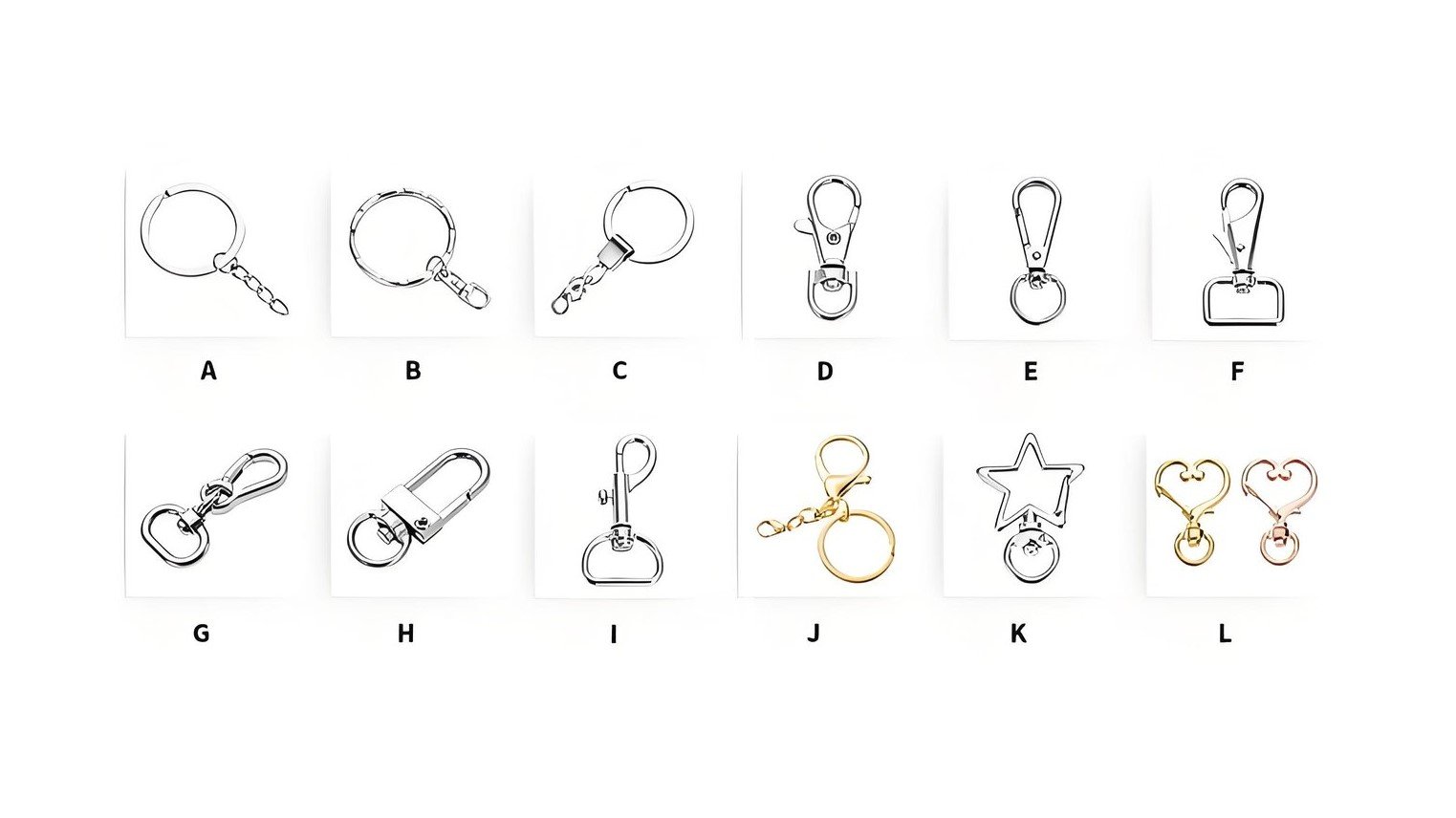 Variety of keychain attachment options including split rings, lobster clasps, and ball chains