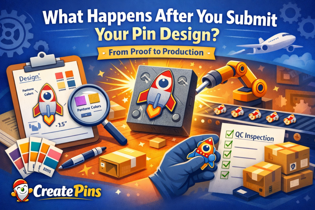 Illustration showing the enamel pin production process after submitting a pin design, including proof approval, mold creation, manufacturing, QC inspection, and shipping by CreatePins