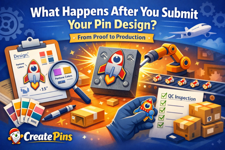 Illustration showing the enamel pin production process after submitting a pin design, including proof approval, mold creation, manufacturing, QC inspection, and shipping by CreatePins