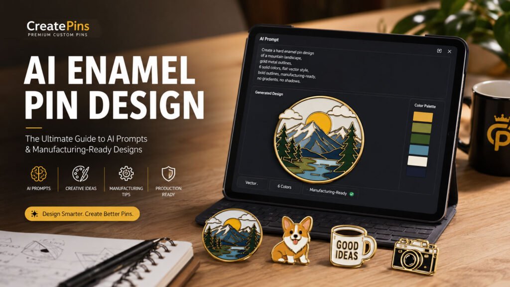 AI-generated custom hard enamel pin design concept with gold metal outlines