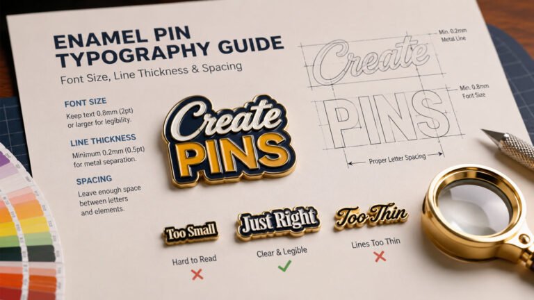 Premium realistic enamel pin typography guide showing recommended font size, metal line thickness, and letter spacing for clear, production-ready custom enamel pin designs.