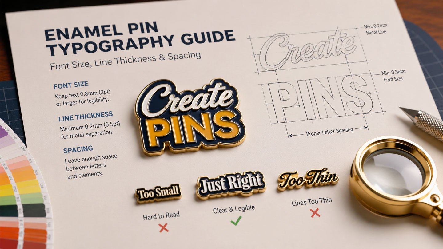 Enamel pin typography guide showing font size, line thickness and spacing recommendations for small custom pins