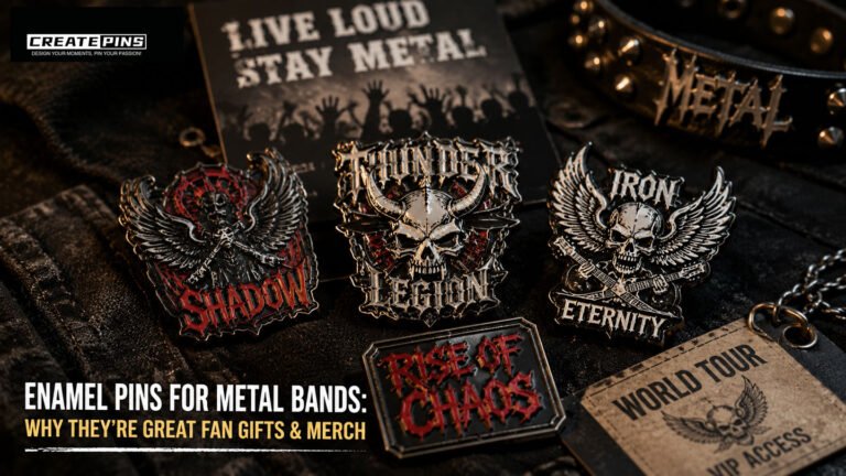Premium enamel pins for metal bands displayed on dark denim and leather, showcasing custom band merchandise and collectible fan gifts.