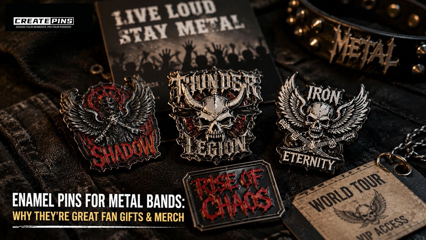 Collection of custom metal band enamel pins for merchandise and fan gifts