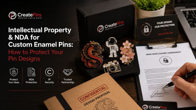 Custom enamel pins, confidential design documents, and a signed NDA illustrating how intellectual property and non-disclosure agreements protect custom pin designs.