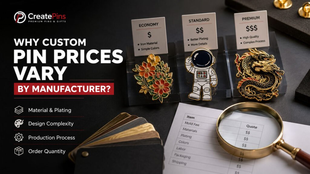 Premium custom enamel pins with different materials, plating finishes, and manufacturing quality illustrating why custom pin prices vary by manufacturer, including production complexity, material options, and pricing factors.