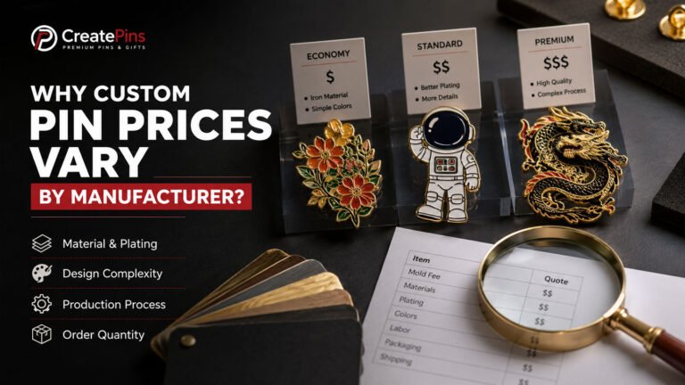 Premium custom enamel pins with different materials, plating finishes, and manufacturing quality illustrating why custom pin prices vary by manufacturer, including production complexity, material options, and pricing factors.
