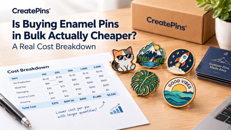 Buying enamel pins in bulk cost breakdown showing different order quantities