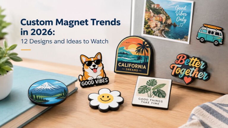 Custom magnet trends in 2026 featuring colorful travel, lifestyle, pet, typography, and nature-inspired magnet designs