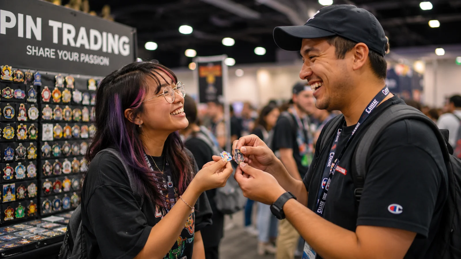 Happy customers trading custom enamel pins at a convention booth with big smiles, showcasing the fun and community of enamel pin collecting by CreatePins – a trusted enamel pin manufacturer