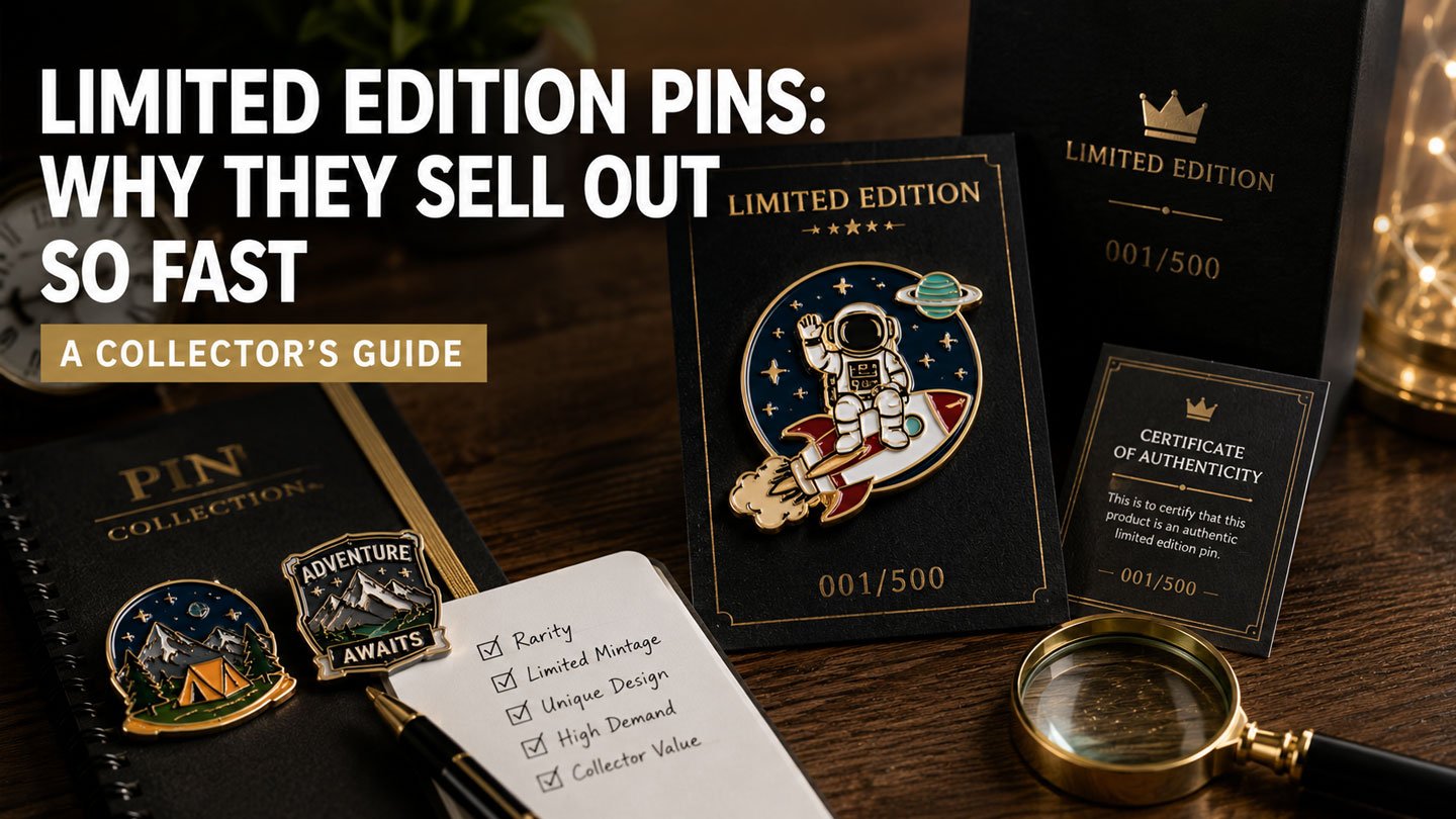 Limited edition pins display – collectible enamel pins with numbered backing cards