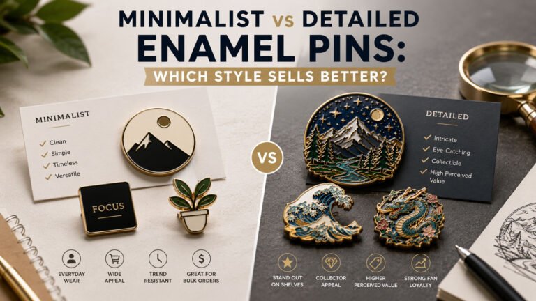Premium realistic comparison of minimalist and detailed enamel pins, highlighting their different design styles, visual appeal, collector value, and potential for selling.