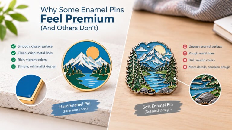 Premium custom enamel pins showing clean metal plating, smooth enamel and high-quality finishing