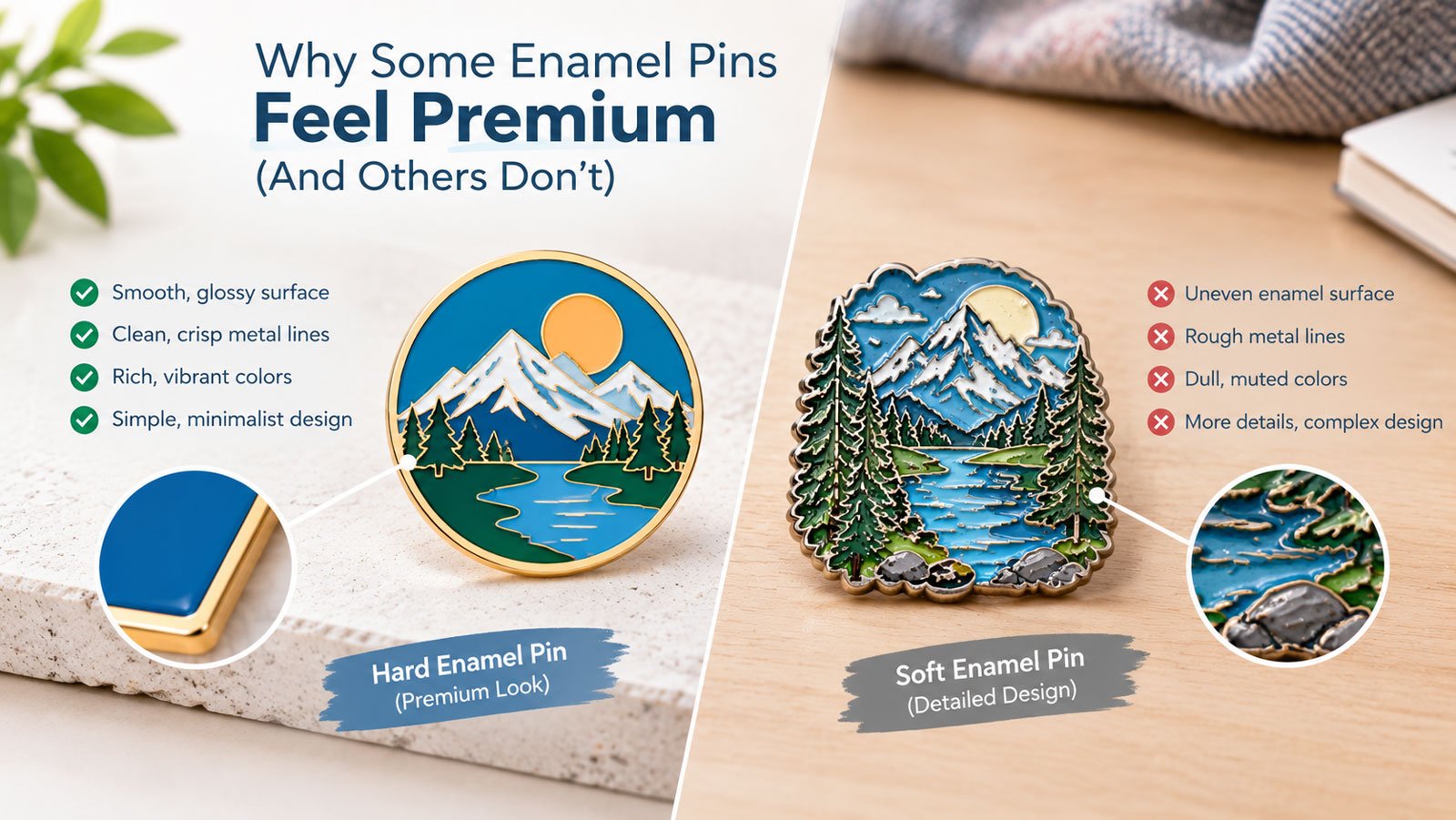 Premium enamel pin quality guide showing high quality enamel pins with clean metal lines and polished finish