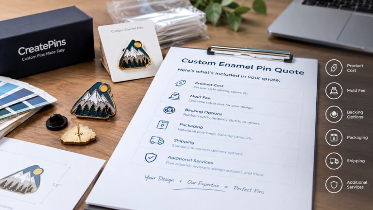 Custom enamel pin quote showing pricing details, mold, plating, quantity, and shipping
