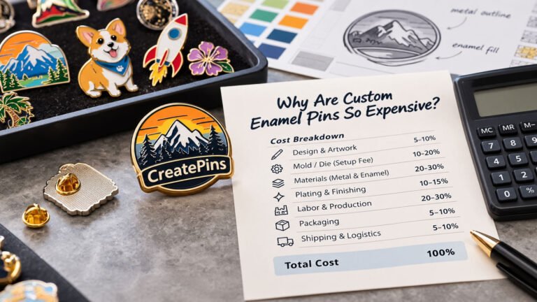 Custom enamel pins showing different sizes, finishes, and production details