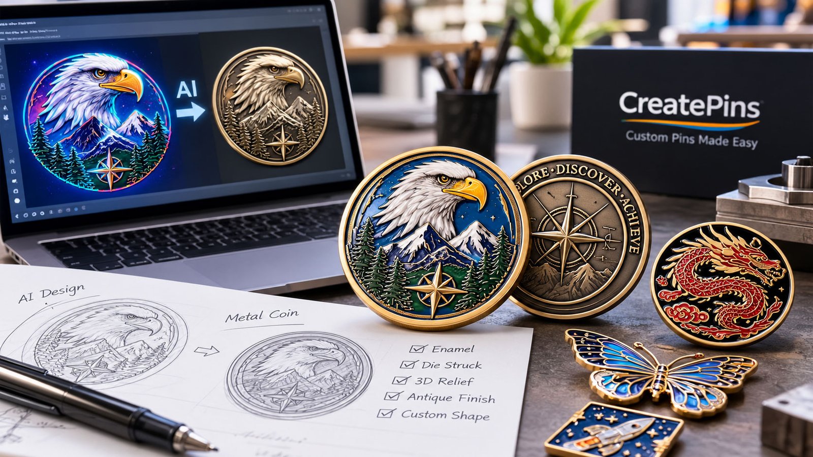 AI-generated coin artwork showing raised metal relief, recessed backgrounds, and vector design preparation for custom challenge coin manufacturing