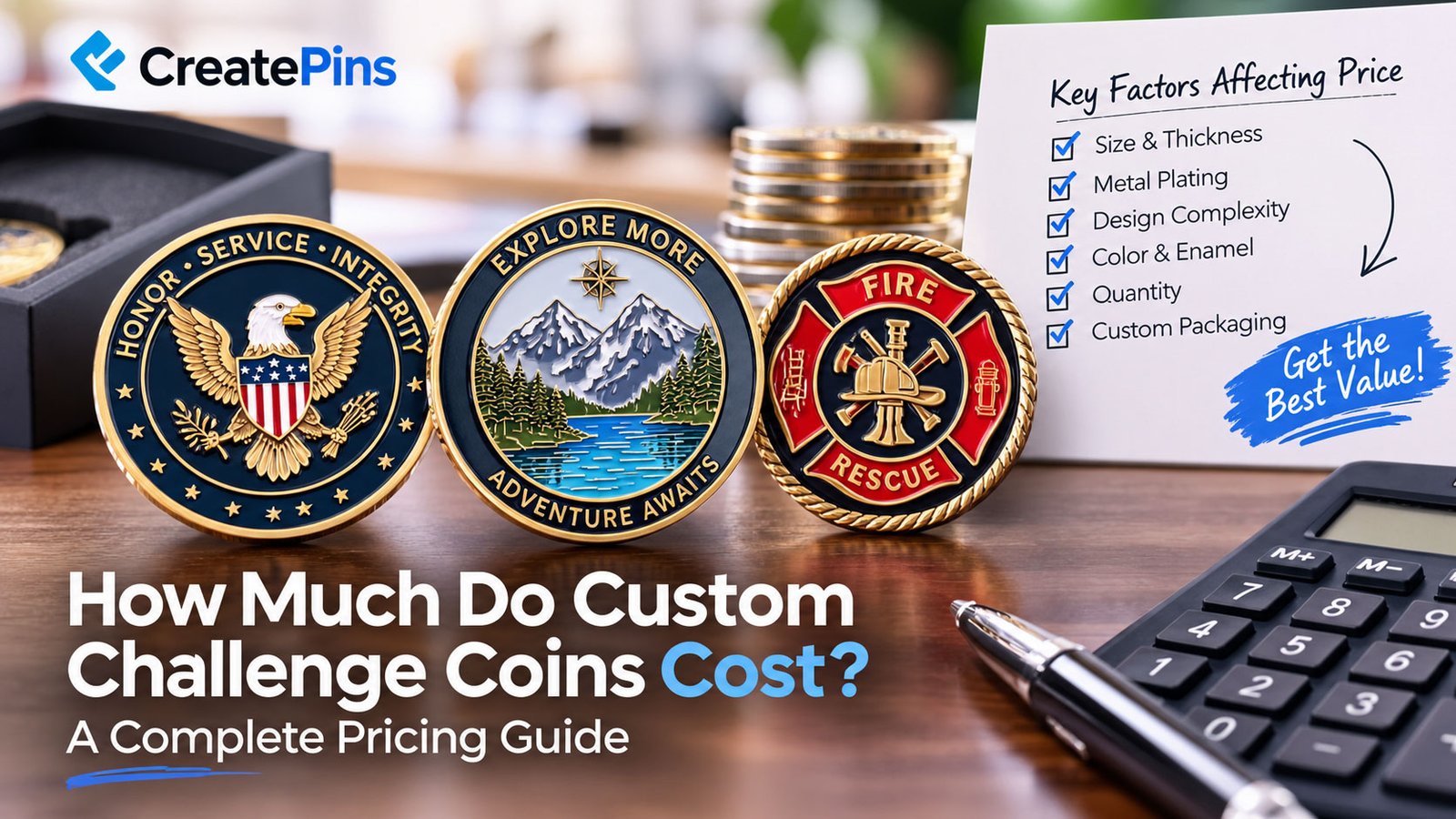 Custom challenge coin pricing guide showing challenge coin price by quantity